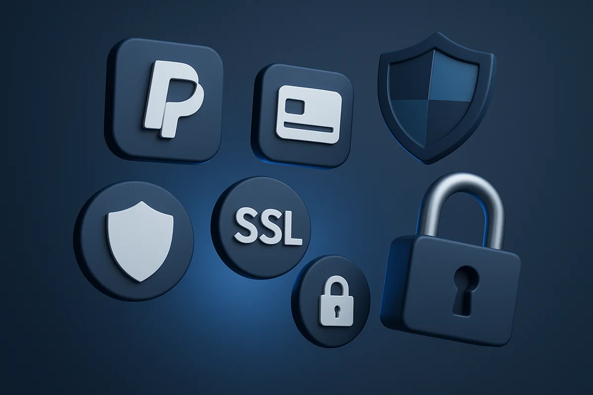 Sicherheitszertifikate und Zahlungsmethoden-Logos mit SSL-Verschlüsselung